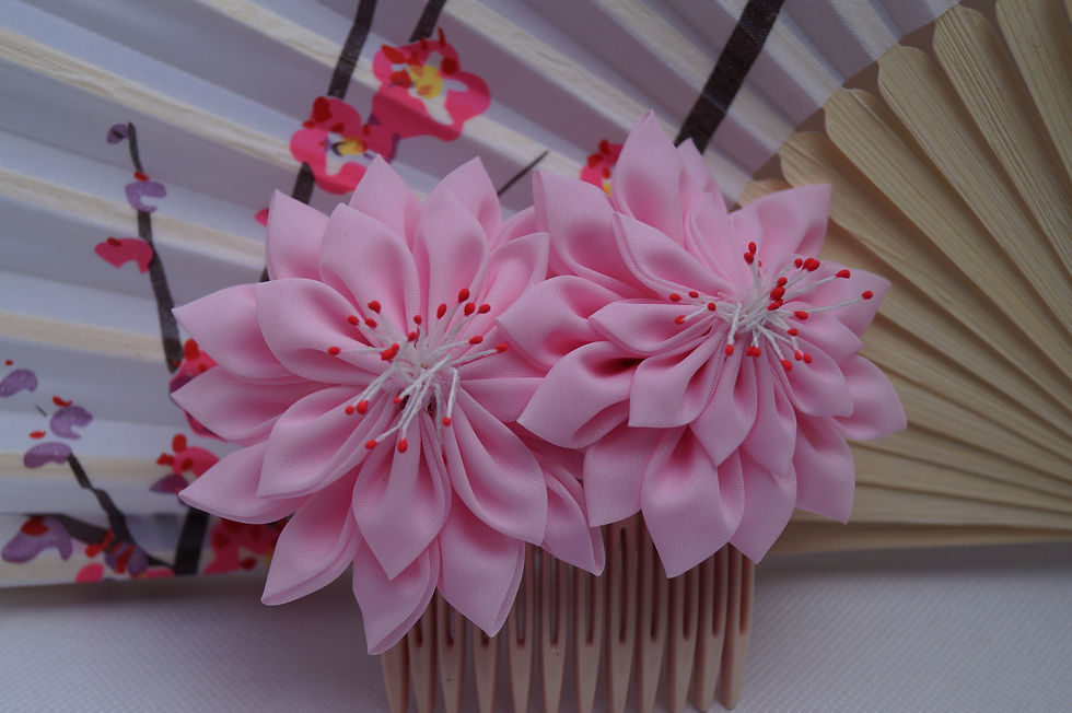 Miniature : Peigne fleur en tissu rose Kanzashi