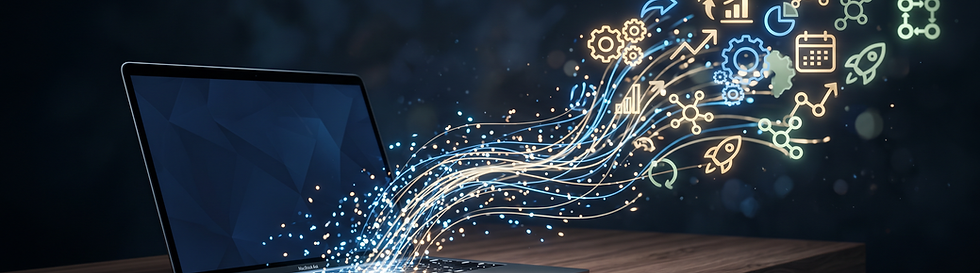 Laptop mit digitalen Lichtspuren – KI-Praxis-Circle für Mitarbeitende und Teams
