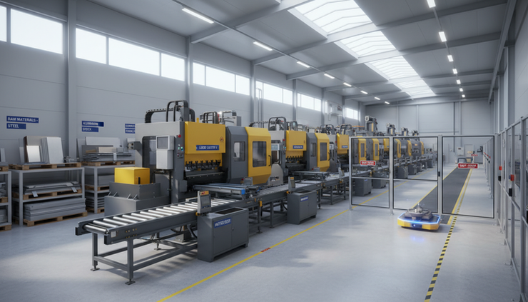 Wide-angle view of an automated factory line with labelled machine components.
