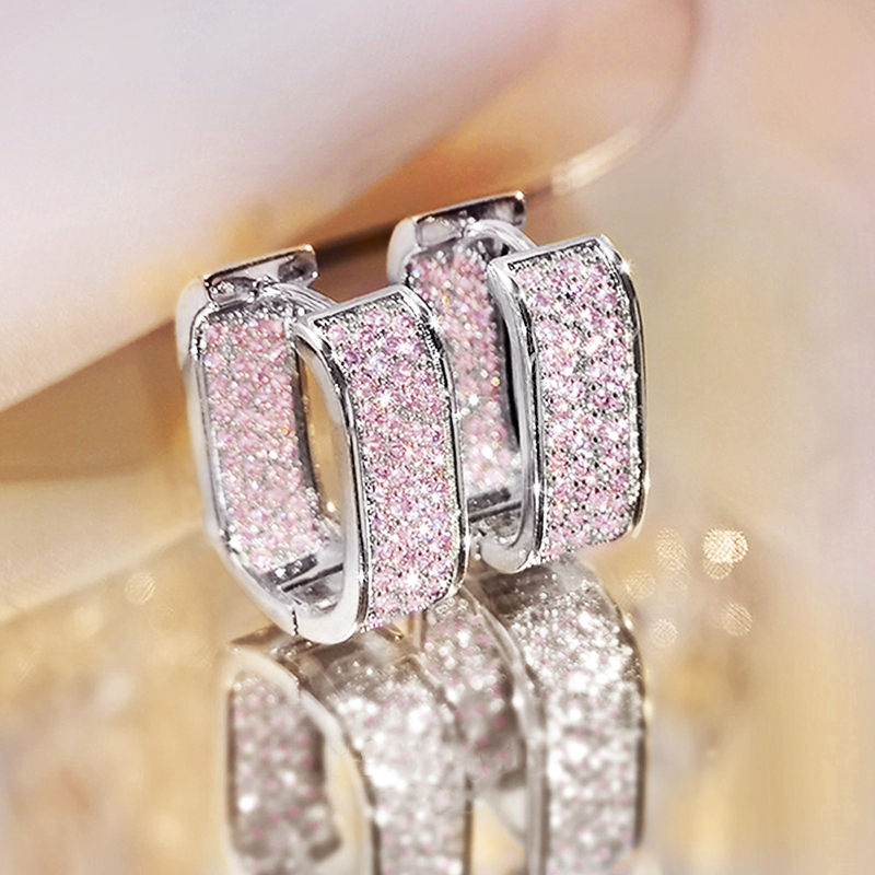 Thumbnail: Huitan Korean Fashion Paved CZ Hoop Earrings for Women Metal Silver Color/Gold C