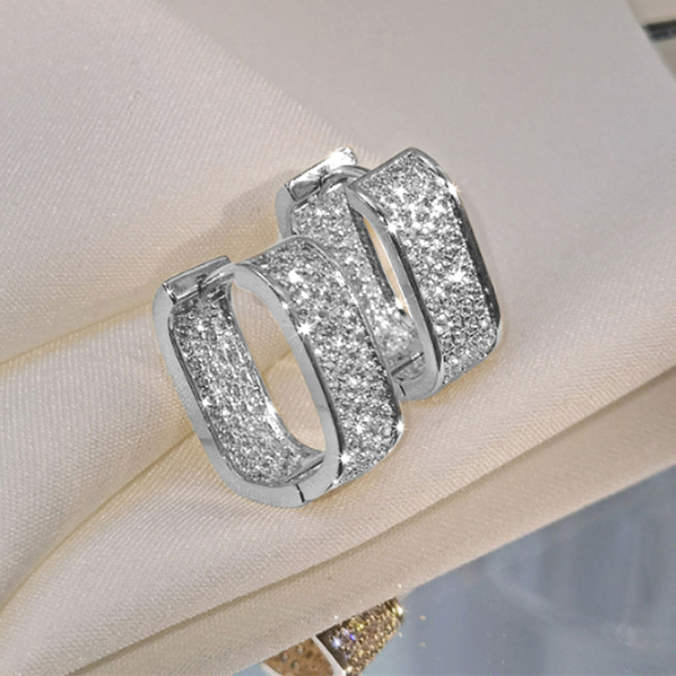 Thumbnail: Huitan Korean Fashion Paved CZ Hoop Earrings for Women Metal Silver Color/Gold C