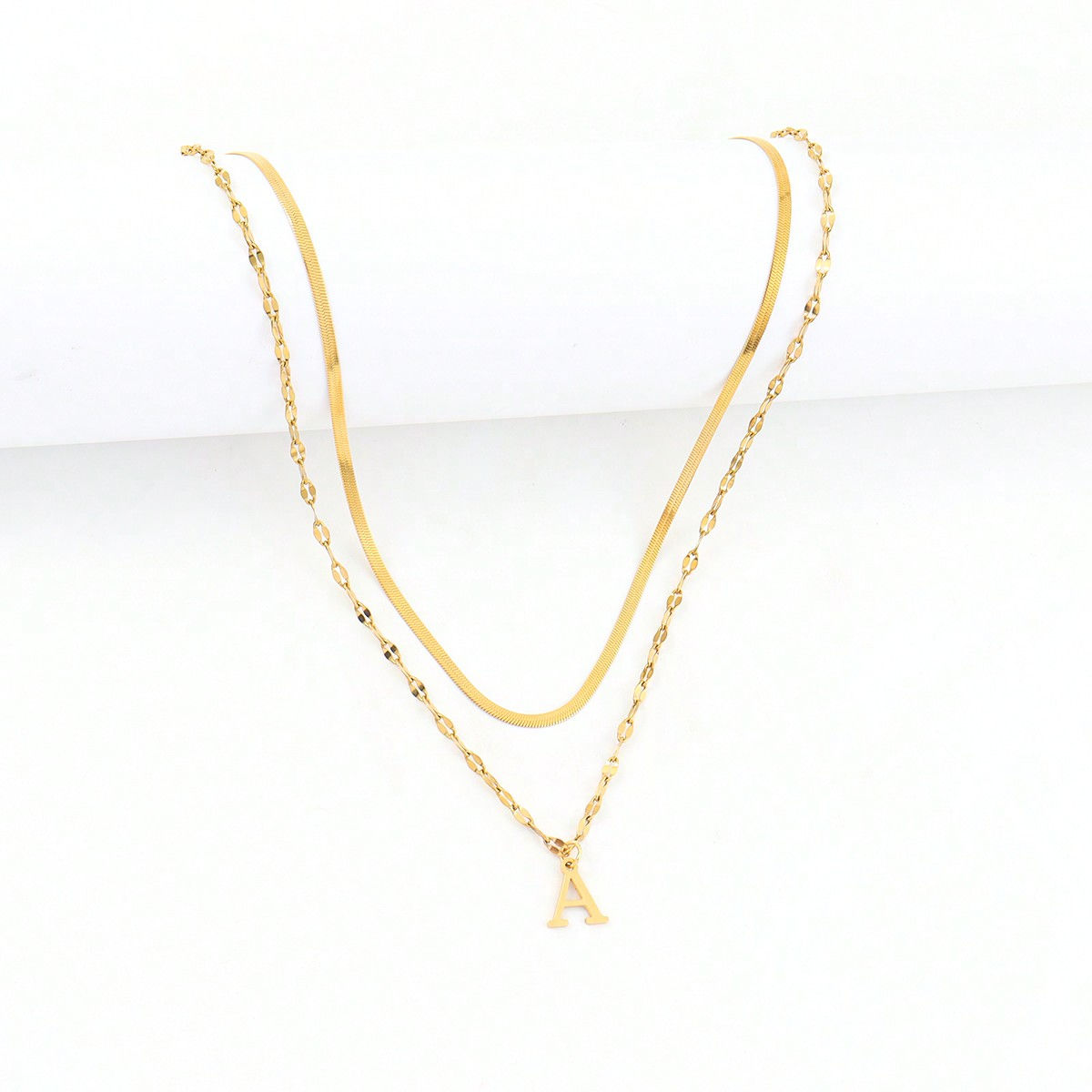 2Pcs/Set Simple Stainless Steel Initial Necklace fpr Women Herringbone Choker Li