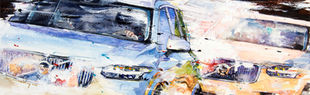 Abstract watercolor painting of a blue car, vibrant colors, artistic details visible.