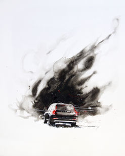 Car driving towards dark cloud of smoke on a white background.