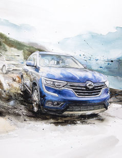 Blue car driving on a road with mountains in the background MINSEOK