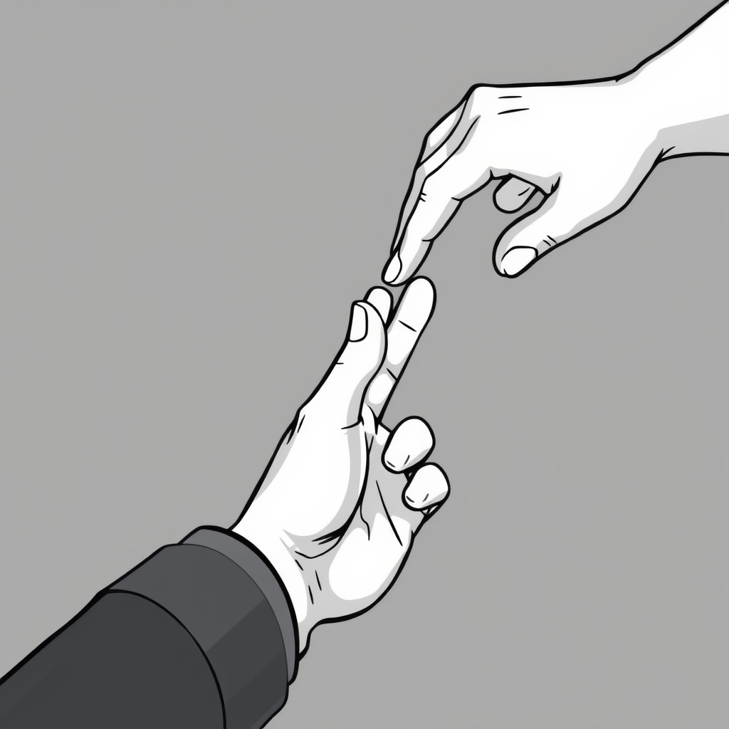 A human hand reaching out to another in black & white or soft lighting. (Avoid stocky smil