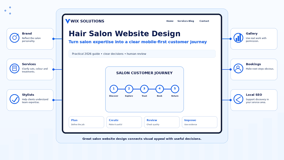 Wix Solutions hair salon website infographic showing services, portfolio, mobile booking, local SEO, testimonials and performance review.
