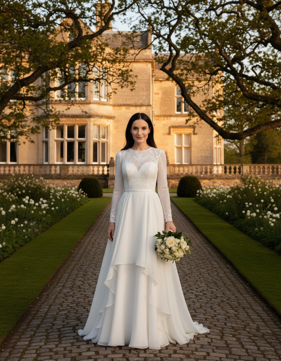 Bride in a classic ivory gown photographed in the gardens of a Goldsborough Hall inspired Yorkshire stately home
