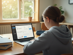London-based GCSE student viewed from behind using a laptop with algebra, geometry and percentage problems during an online maths lesson.
