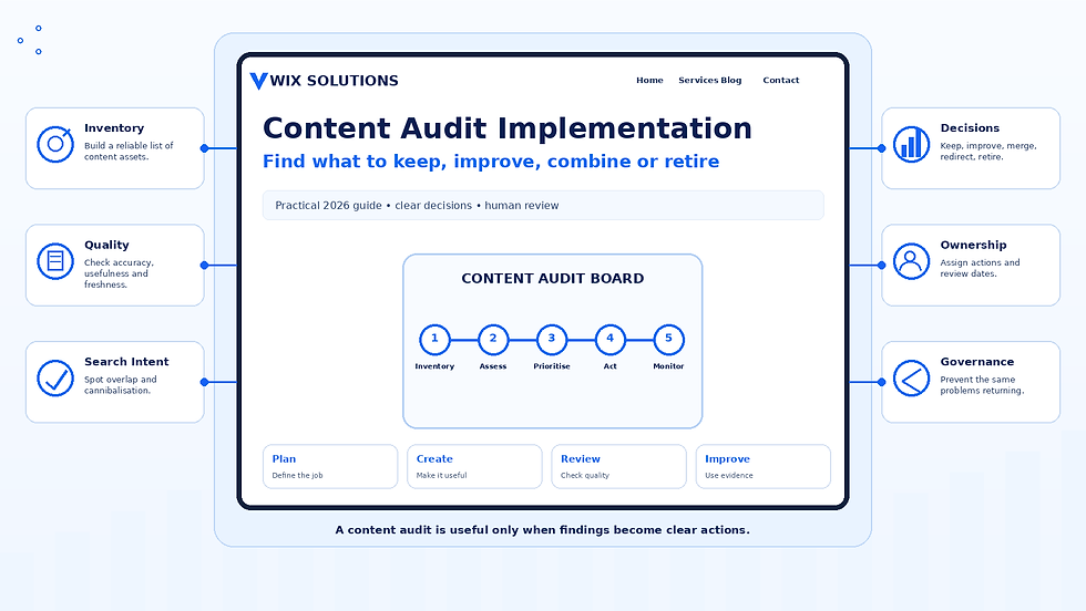 Wix Solutions content audit infographic showing inventory, evaluation, SEO review, consolidation and content actions.