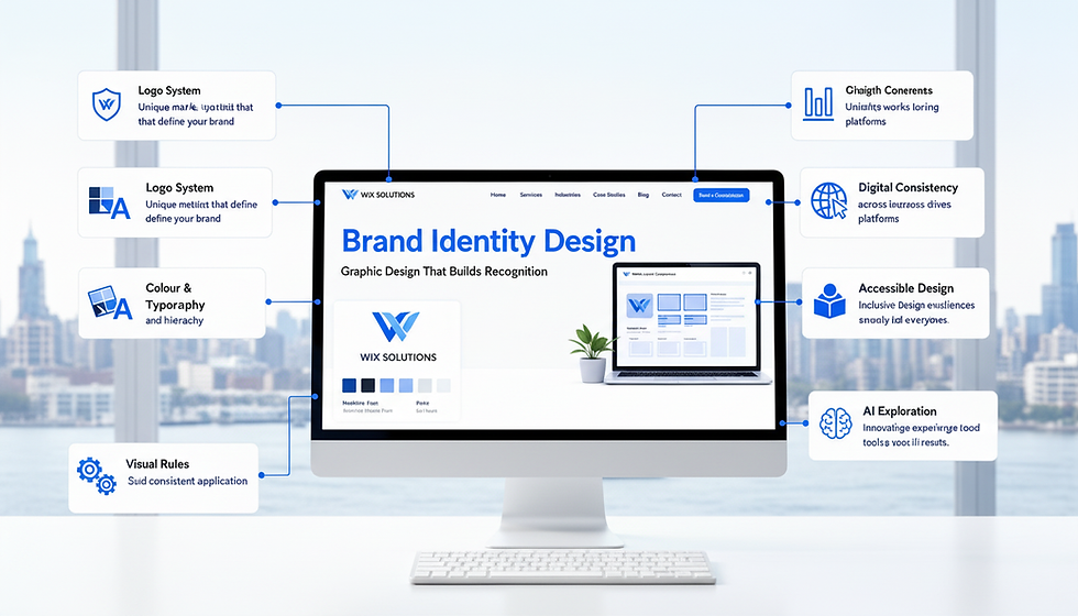 Brand identity design infographic showing logo, colour, typography, visual rules, digital consistency and AI-assisted exploration