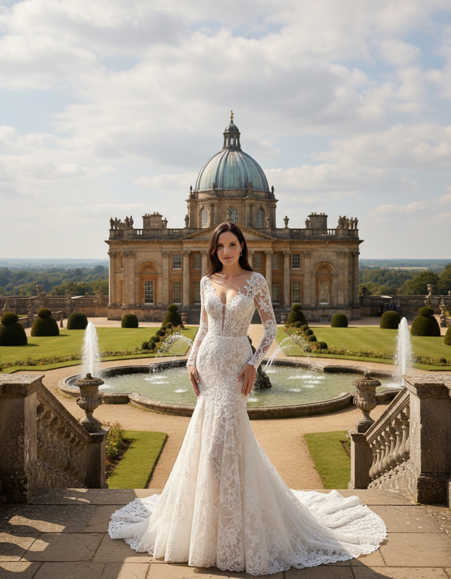 Bride in a couture ivory gown photographed against Castle Howard inspired Baroque architecture in Yorkshire