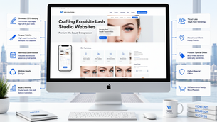 Lash studio website design displayed on a desktop screen with booking, service and mobile-friendly website elements