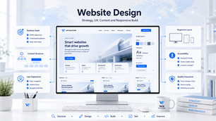 Website design system showing strategy, content, responsive layouts and quality checks