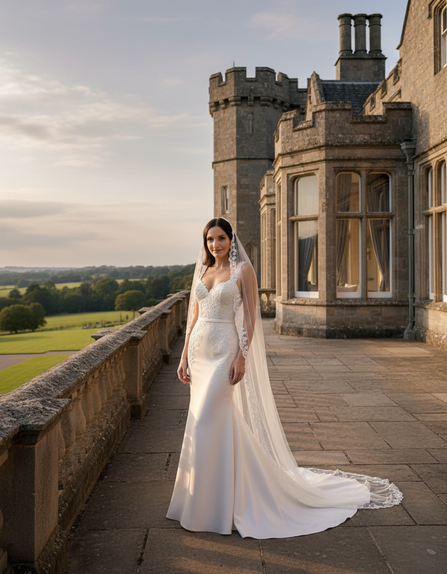 Bride in a sophisticated ivory gown photographed at a Swinton Park inspired Yorkshire castle hotel