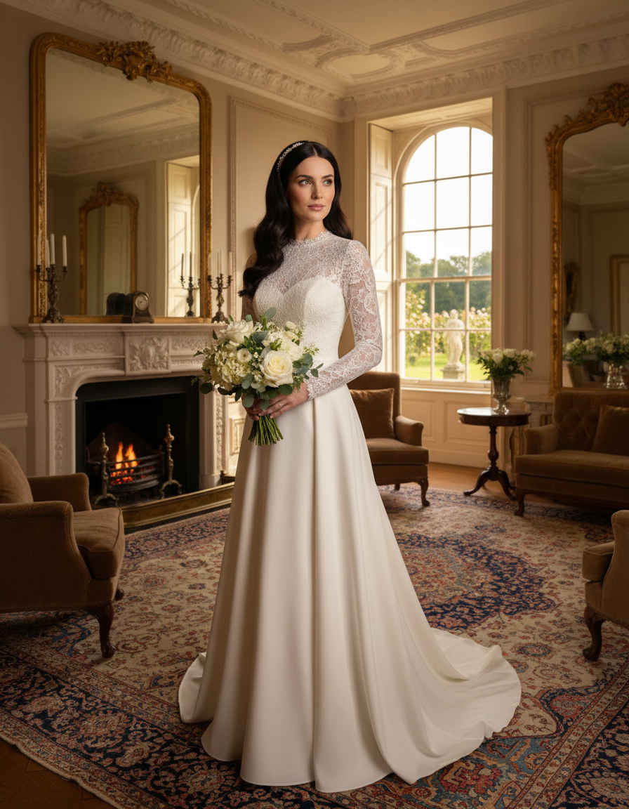 Bride in an elegant ivory gown photographed at a Broughton Hall inspired historic Yorkshire country house