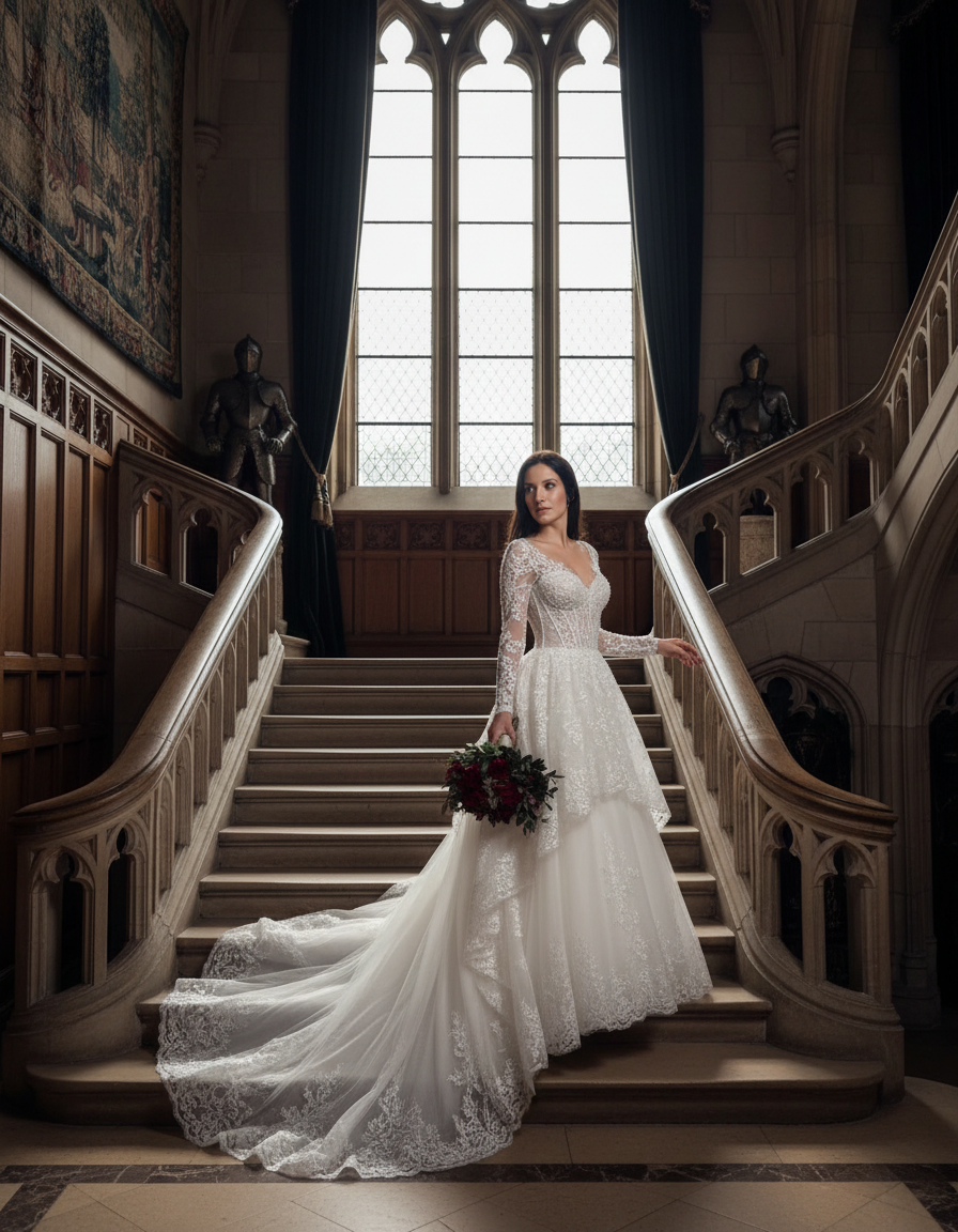 Bride in a dramatic ivory gown on a grand staircase during an Allerton Castle inspired wedding photoshoot