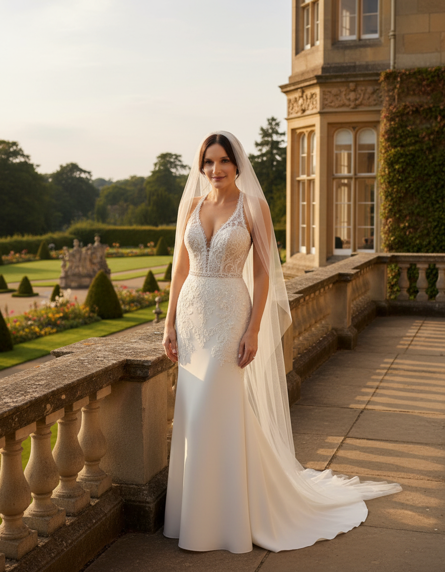 Bride in a couture wedding gown photographed at a luxury Grantley Hall inspired Yorkshire estate