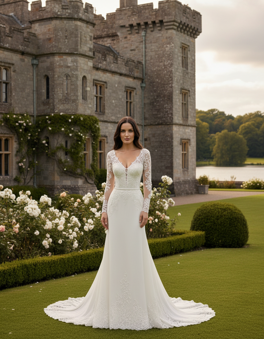 Bride in a timeless ivory gown photographed at a Ripley Castle inspired North Yorkshire castle