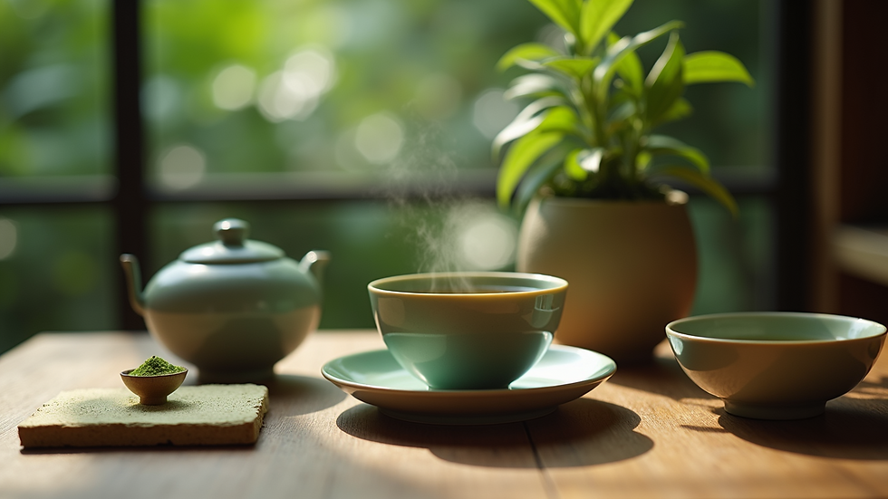 Eye-level view of a soothing matcha tea setup on a table