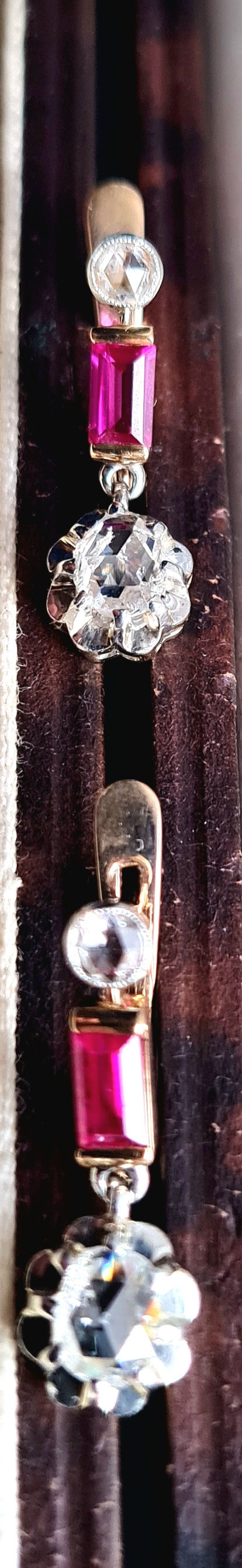 Thumbnail: 18ct Gold Victorian Large Rose Cut Diamond & Baguette Cut Ruby Drop Earrings