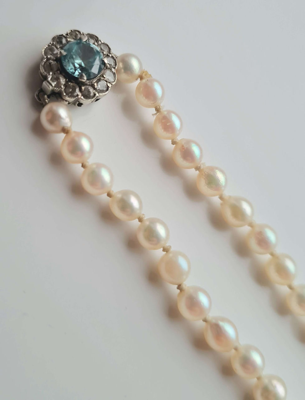 Thumbnail: Art Deco 9ct Gold Blue Zircon White Sapphire Natural Pearl Necklace 1920s