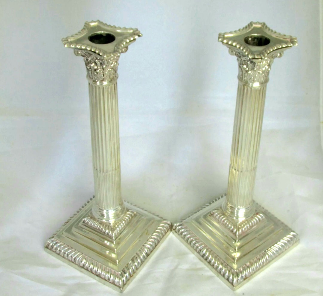 Antique Pair 10.3/4" Solid Silver Corinthian Column Candlesticks 2062g Lon 1903