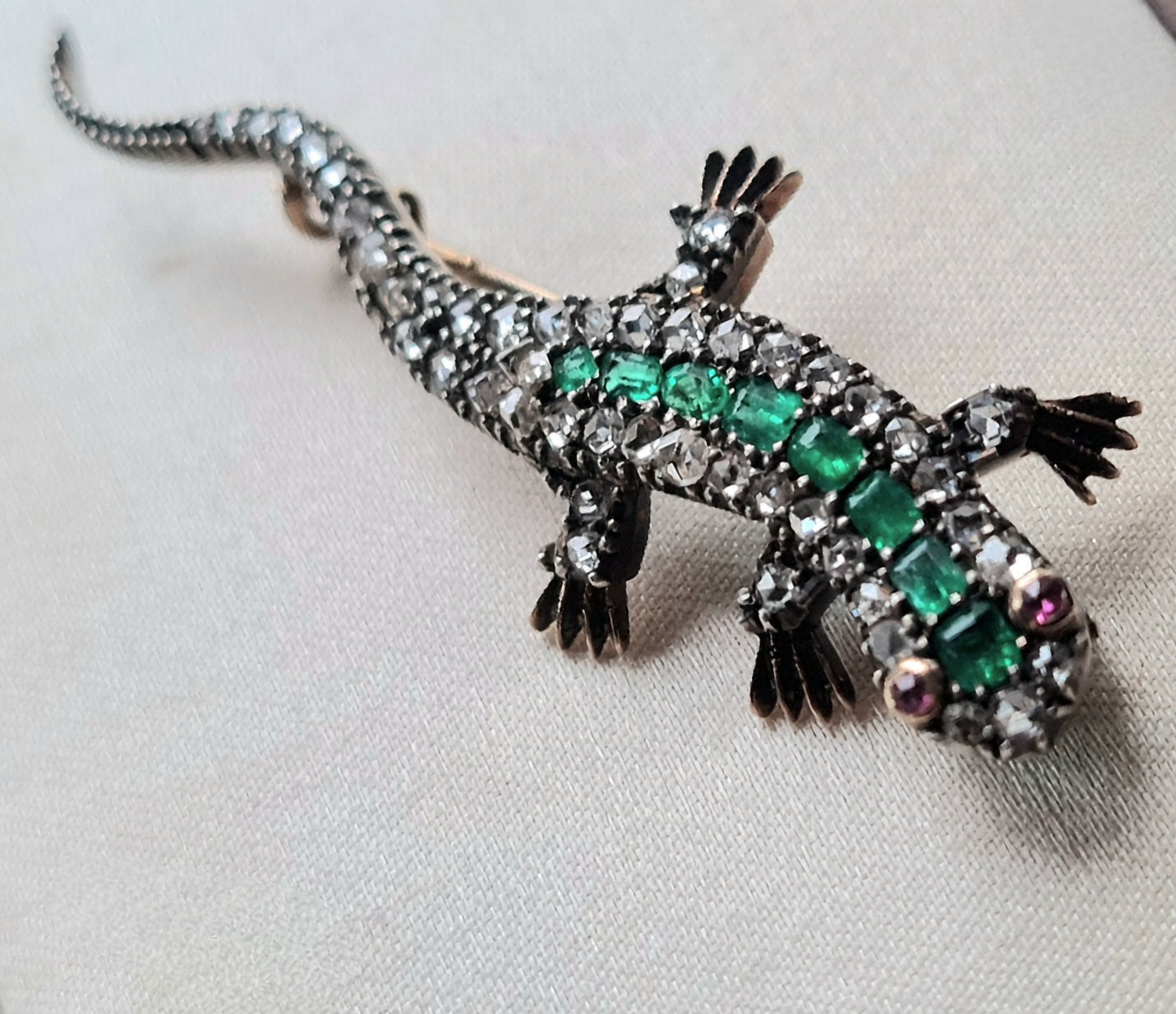 Victorian Emerald Diamond and Ruby Salamander Brooch