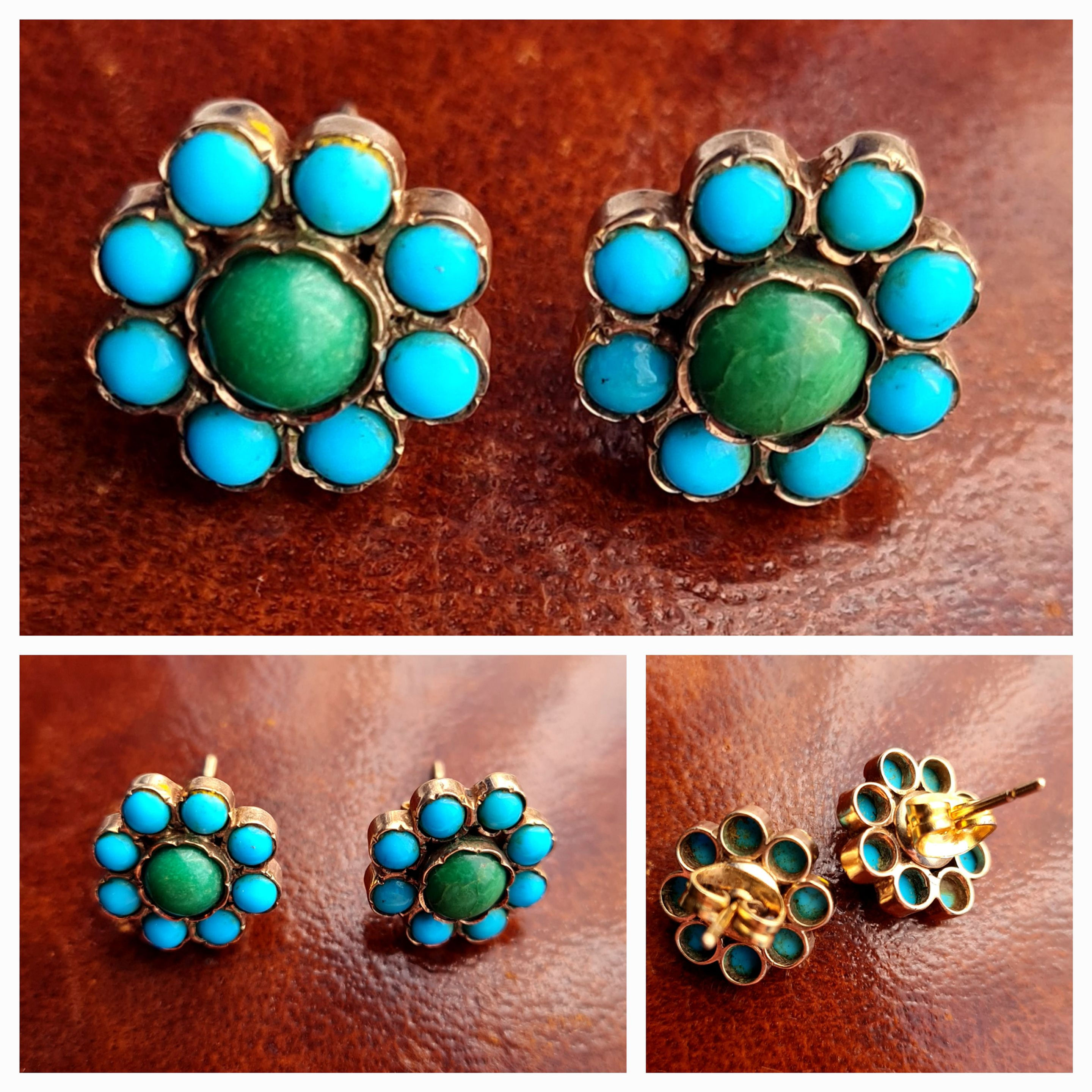 18ct Gold Victorian Natural Turquoise Cluster Large Stud Earrings