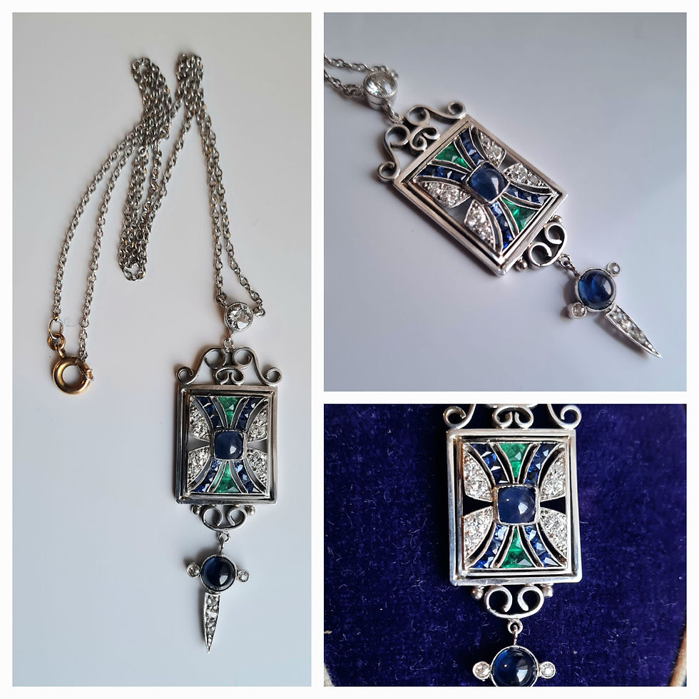 Thumbnail: Art Deco Platinum Diamond Sapphire Emerald Pendant Necklace 1920s with box
