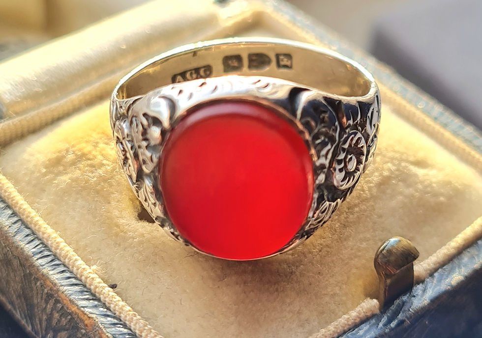 Thumbnail: Victorian Hallmarked Silver 1889 Chester Carnelian Ring Foliate Motif Shank