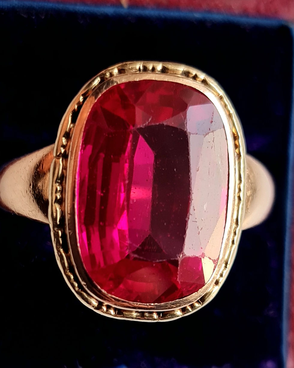 Thumbnail: Victorian 14ct Gold Large 8ct Old Cut Ruby Solitaire Heavy Ring