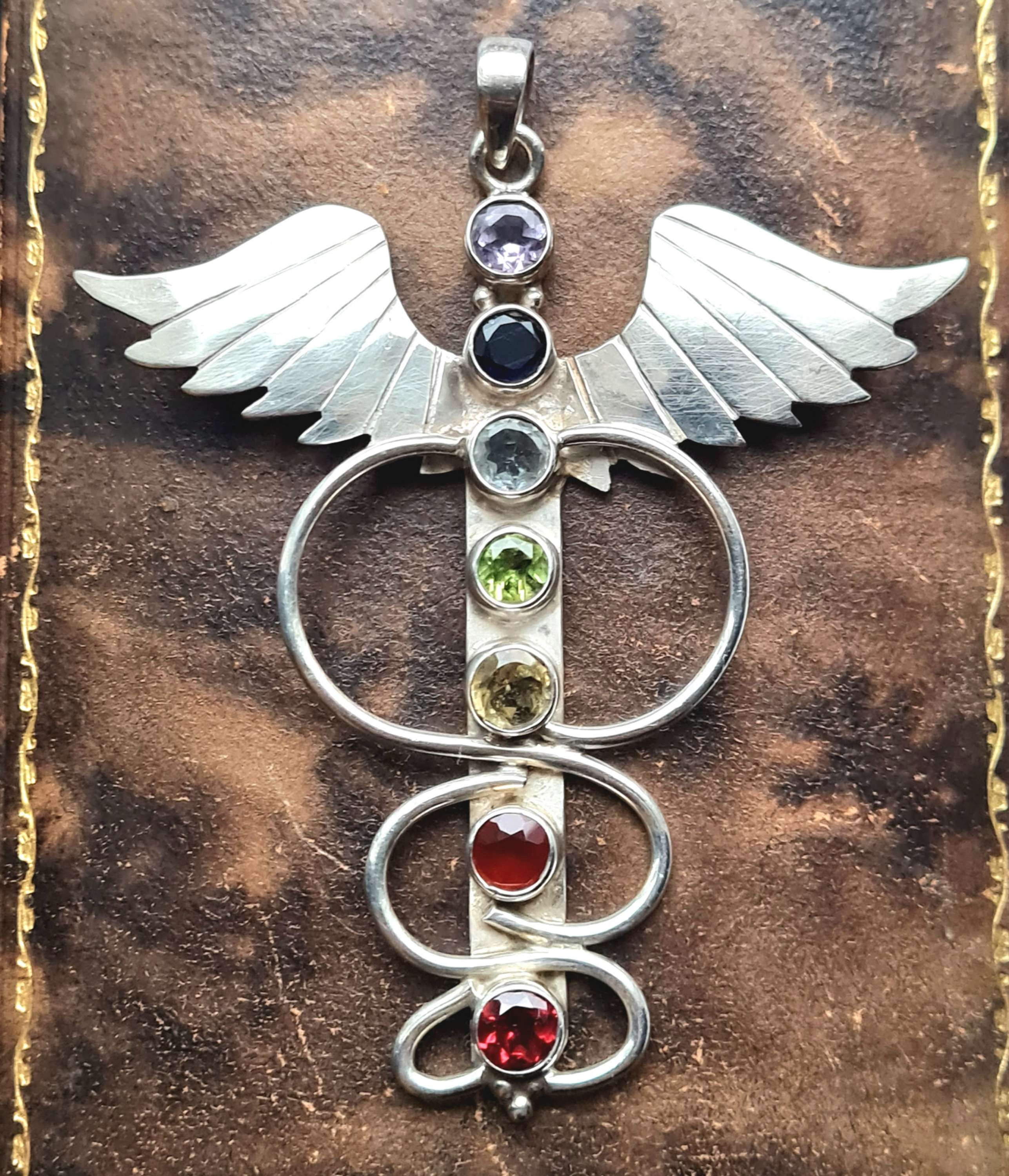 Vintage Silver Gem Set Pendant Angel Wings Rod of Caduceus