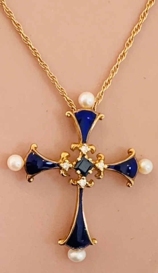 Thumbnail: Vintage 14ct Gold Diamond Sapphire Enamel Fabergé Pendant On Chain Earrings Set