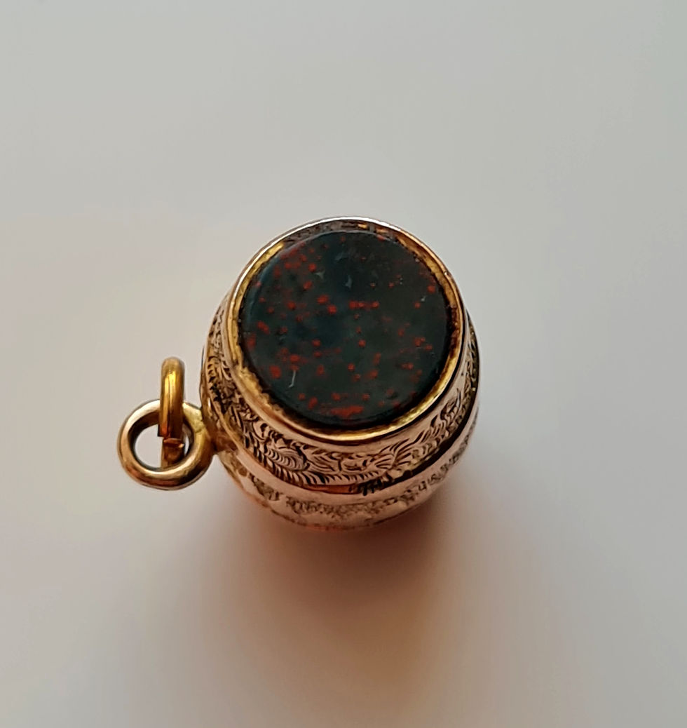 Thumbnail: 9ct Gold Victorian Embossed Bloodstone Rare Barrel Pendant