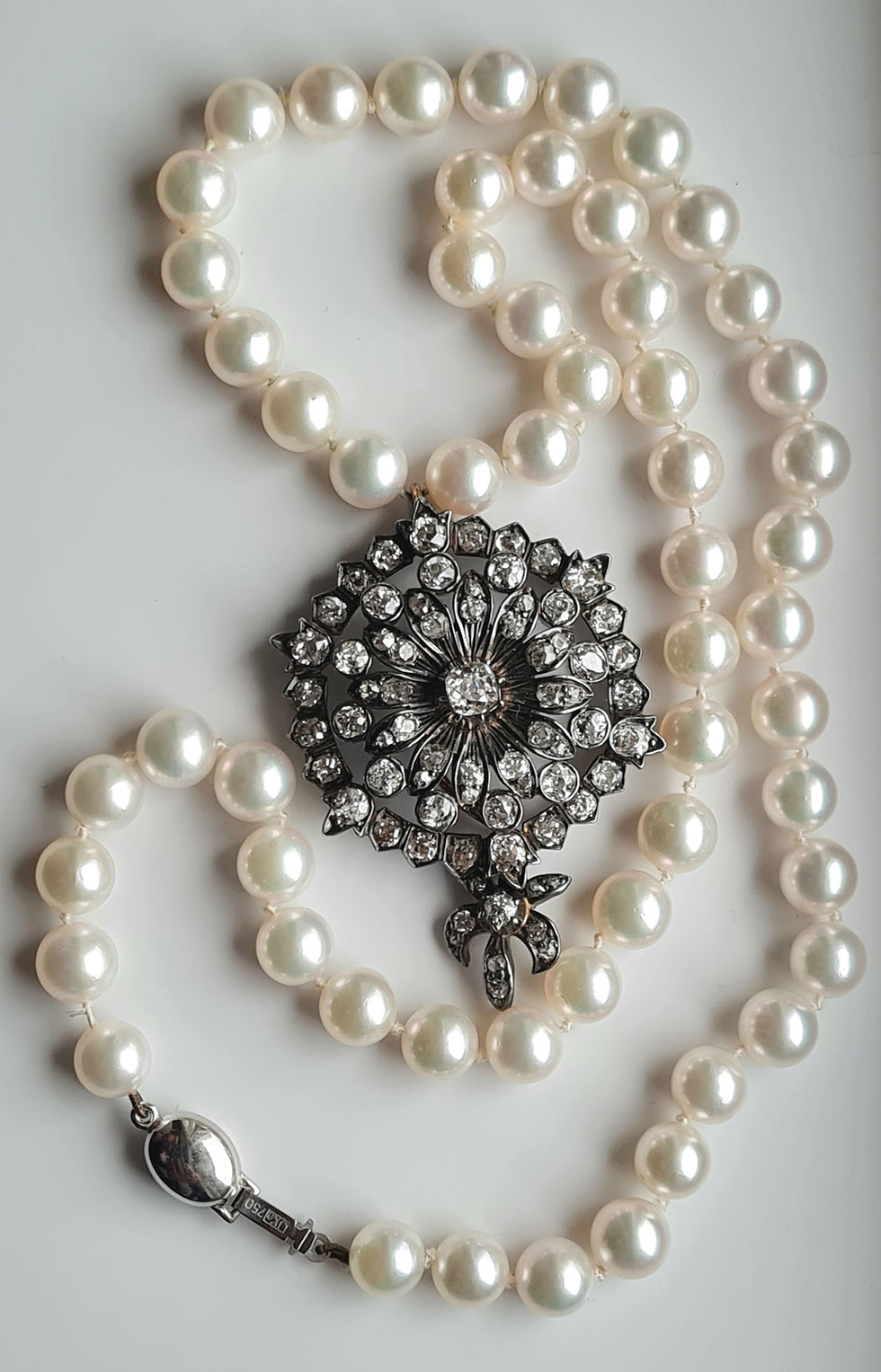 Thumbnail: Victorian Diamond Pendant on Cultured Pearl Necklace 18ct White Gold Clasp