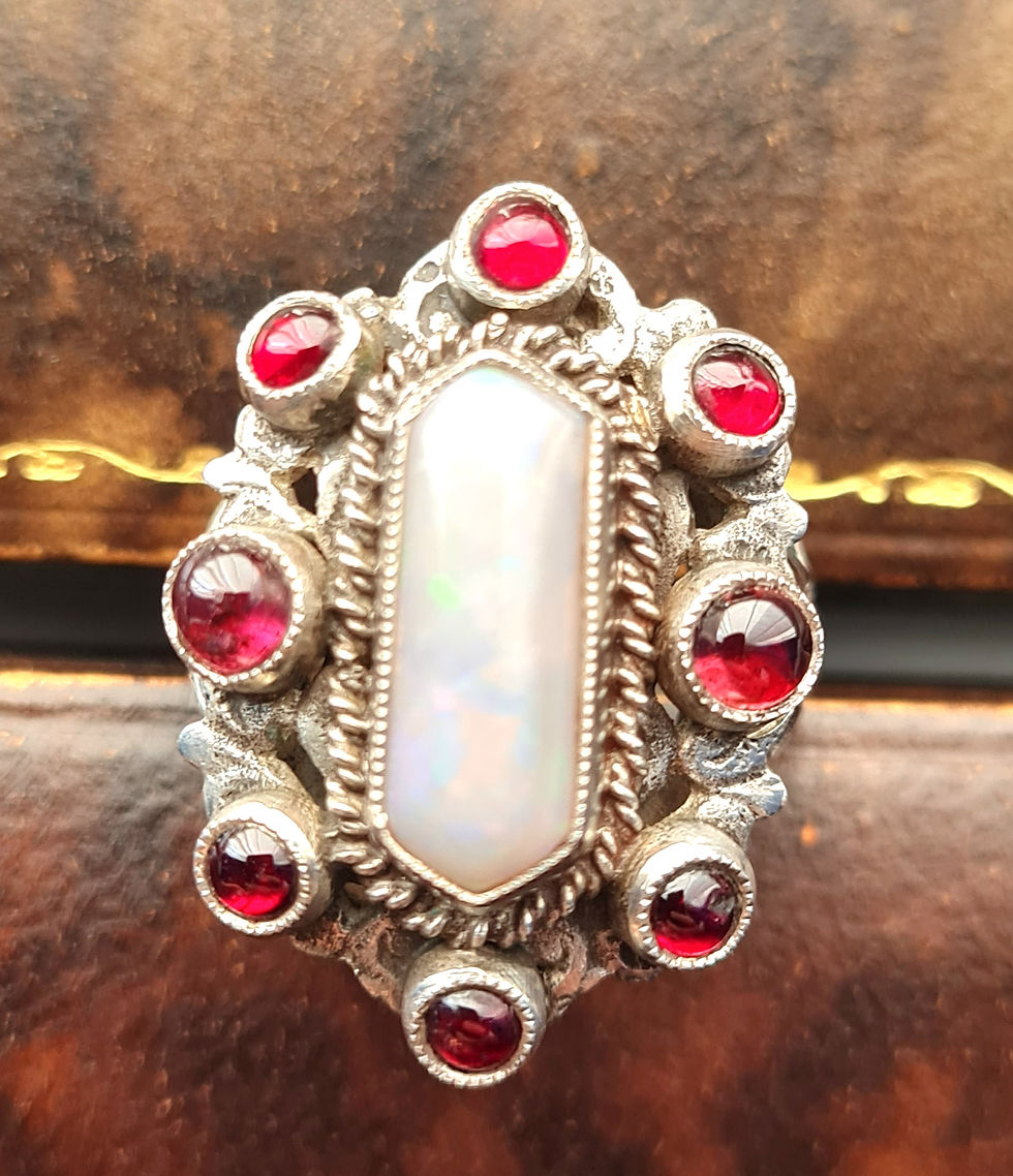 Thumbnail: Victorian Silver Austro Hungarian Natural Opal & Cabochon Garnet Ring 1880s