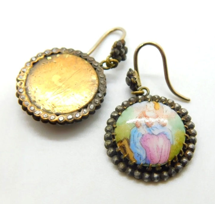 Thumbnail: Georgian c1820, Enamel and Cut Steel Dangling Pendant Earrings