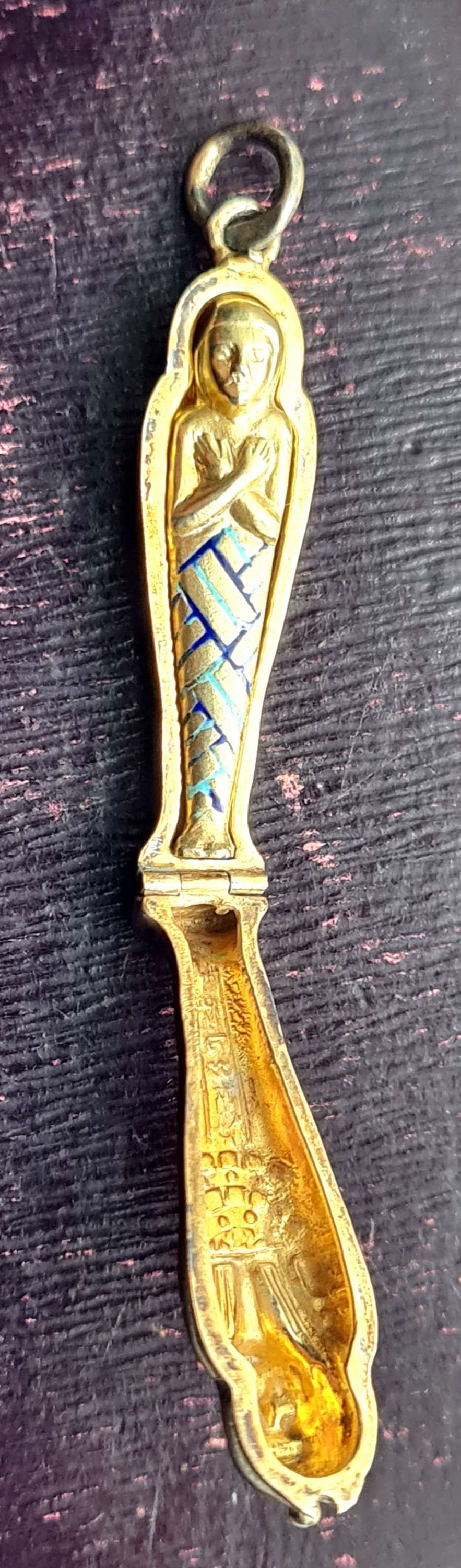 Thumbnail: Silver Egyptian Revival Opening Enamel Mummy's Tomb & Mummy Pendant, c.1910