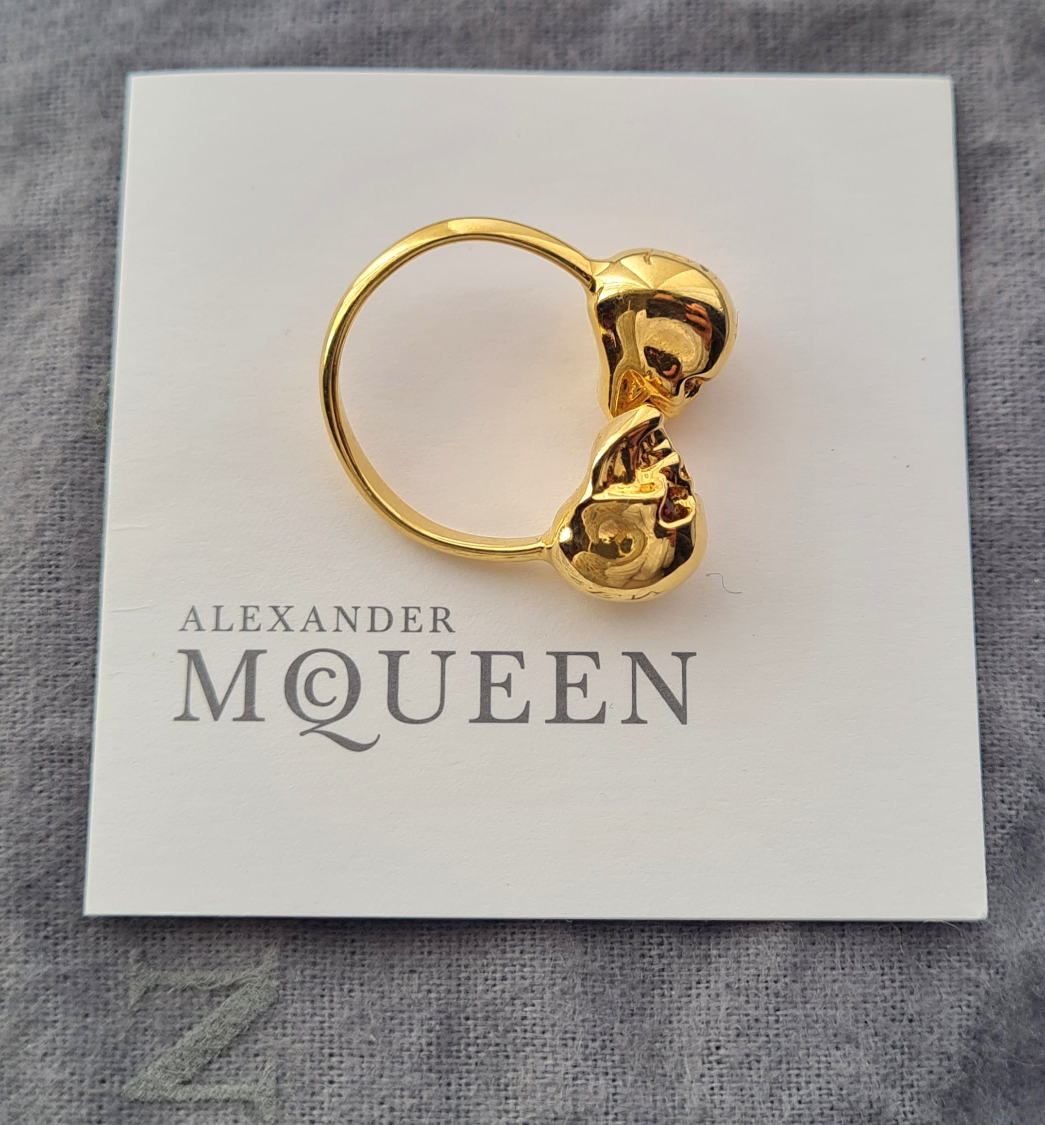Alexander McQueen Gold Plated Crystal Double Skull Ring