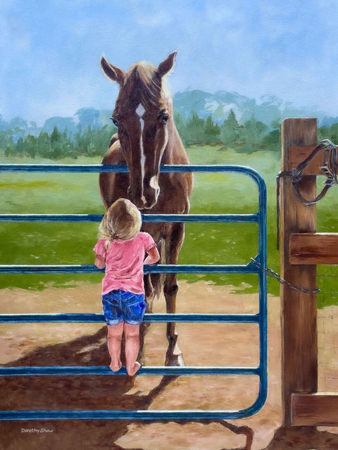 Little girl looks up to engage gentle horse, sunny sky