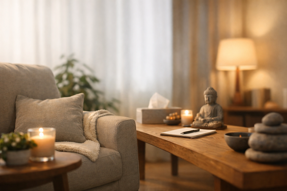 Salon apaisant avec canapé beige, bougie allumée, statue de Bouddha, carnet et stylo sur table en bois. Lumière douce et rideaux blancs.