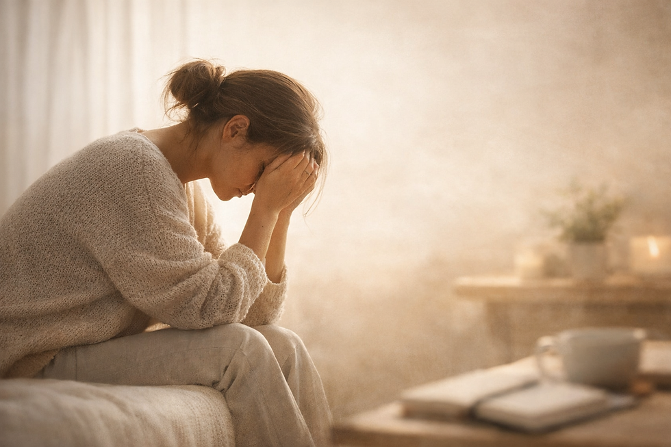 Femme assise dans une lumière douce du matin, tête inclinée et mains sur le visage, illustrant la charge mentale et l’épuisement émotionnel dans un cadre apaisant.