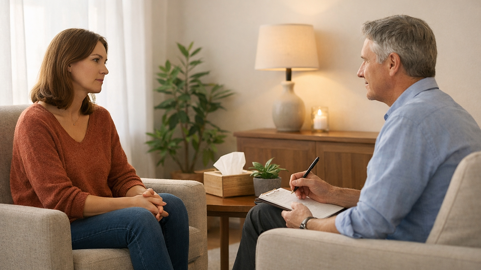 Une femme échange avec un thérapeute dans un cadre calme et lumineux. Assis face à face, ils dialoguent dans une atmosphère d’écoute et de confiance, symbole du travail de clarification et d’accompagnement en thérapie.