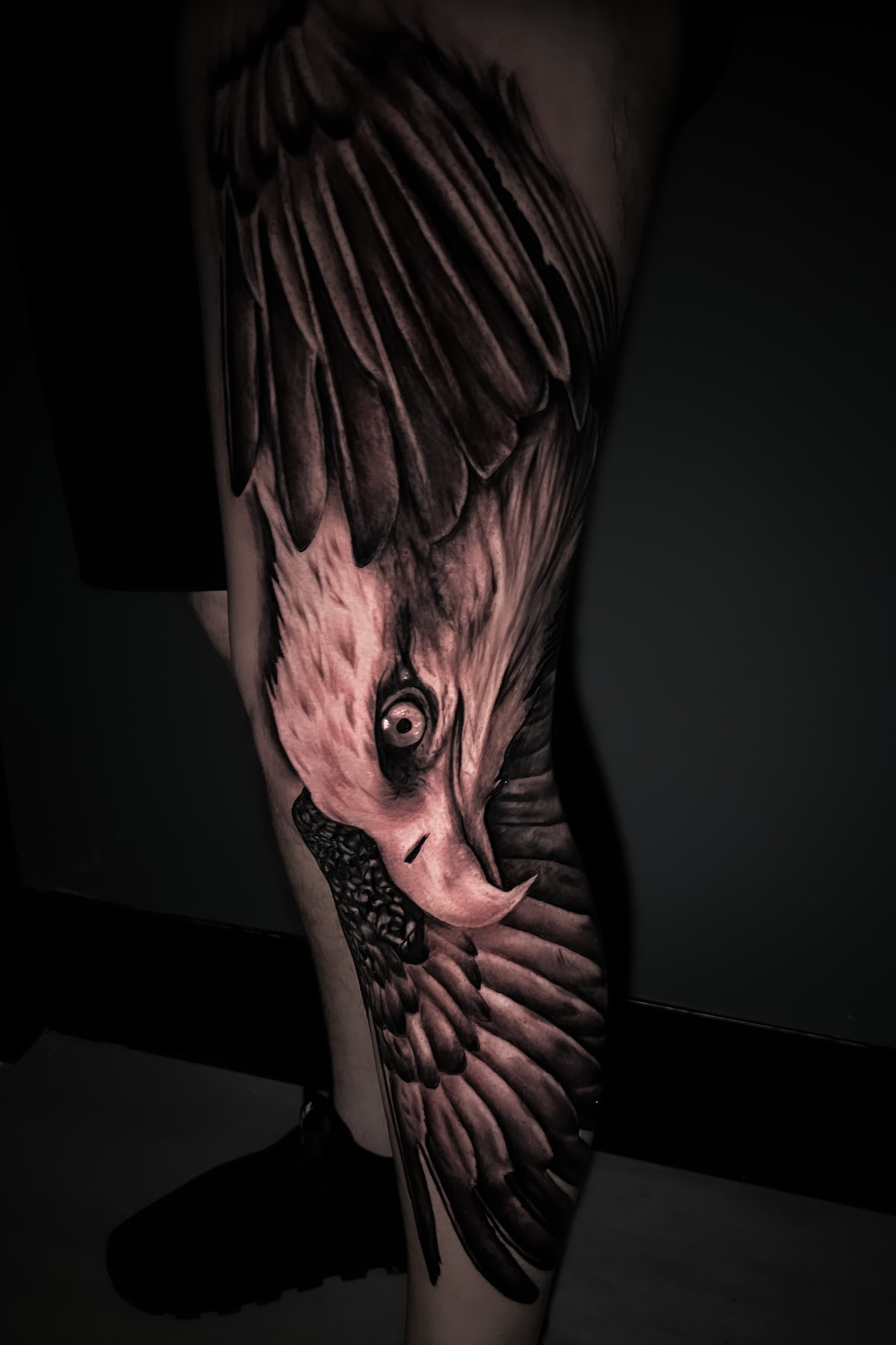 Noel - Black &amp; grey realism eagle leg sleeve tattoo - Studio 51 Ink Tattoo Studio - East L