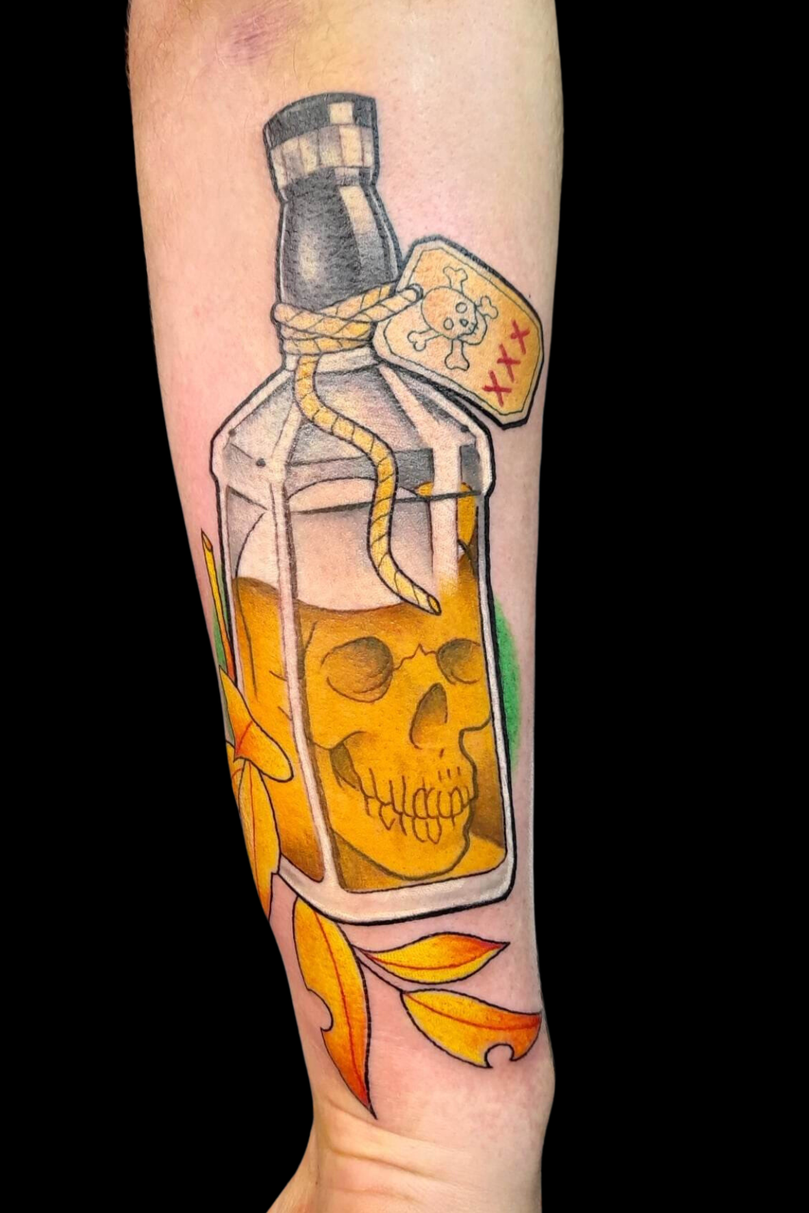 Steve - Full colour neo traditional skull whiskey bottle forearm - Studio 51 Ink Tattoo St
