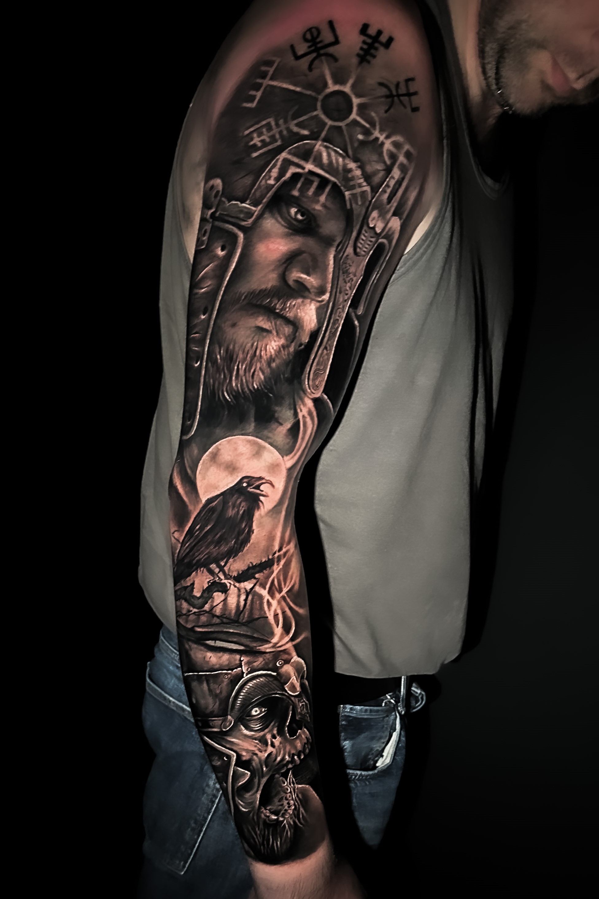 Noel - Black &amp; grey viking style arm sleeve tattoo - Studio 51 Ink Tattoo Studio - East Lo