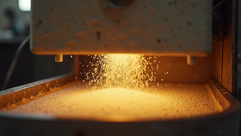 Augenhöhe einer elektrischen Malzmühle mit frisch gemahlenem Malz im Auffangbehälter