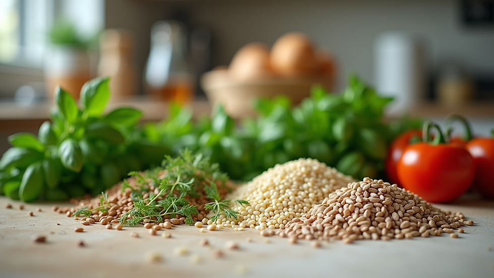 Eye-level view of a kitchen counter with fresh herbs and whole grains ready for cooking