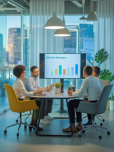 Small startup team collaborating around a conference table in a modern office.
